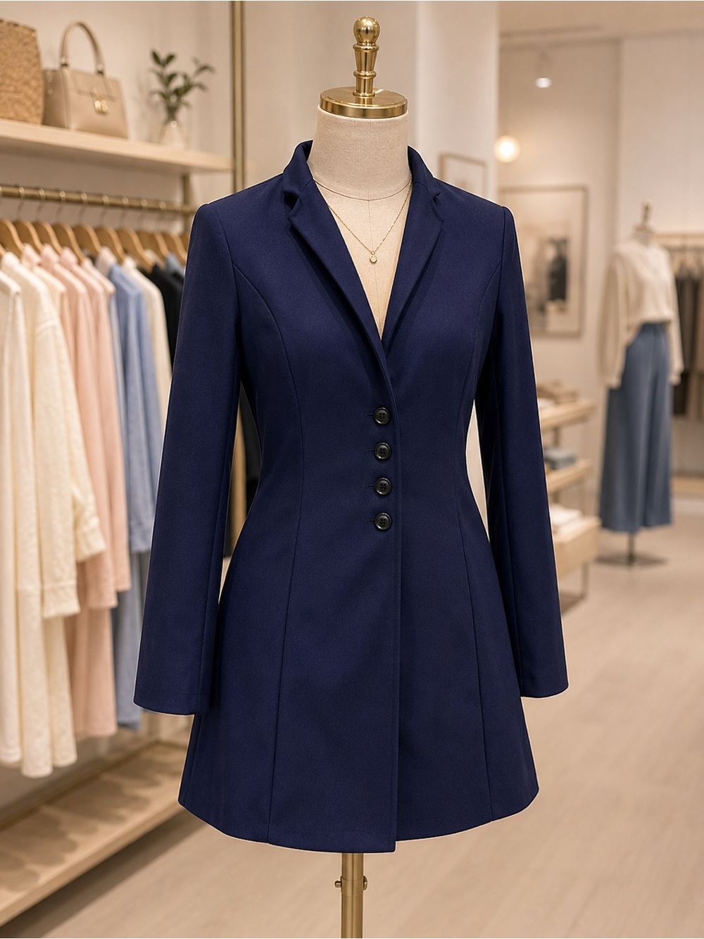 Button Up Long Sleeve Coat - Dark Blue, Large